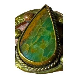 Vtg Brass & 23.4mm Native American Royston Turquoise Teardrop Cuff Bracelet 7”